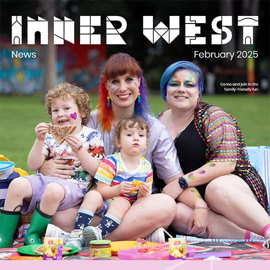 The front cover of the Inner West Council February 2025 newsletter, featuring a family of two adults and two children in a park enjoying a picnic. The adults have coloured hair and are wearing glittery face paint, and one of the children is smiling and holding up a slice of fairy bread.